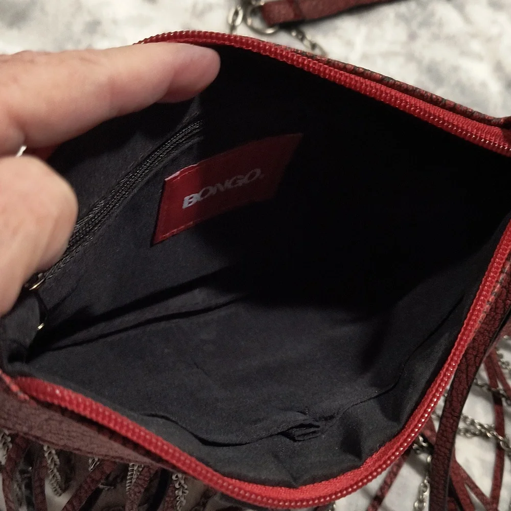 Bongo Red Edgy crossbody bag with internal zip and slips.  9.5